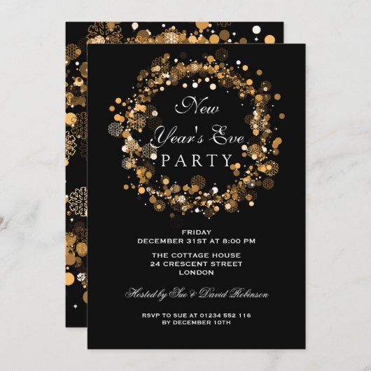 ニューイヤーイブパーティーフェスティバルリース金ゴールド 招待状 (正面/裏面)