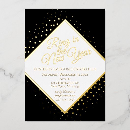 ニューイヤーイブパーティーブラック&金ゴールドグリッター 箔招待状 (正面)