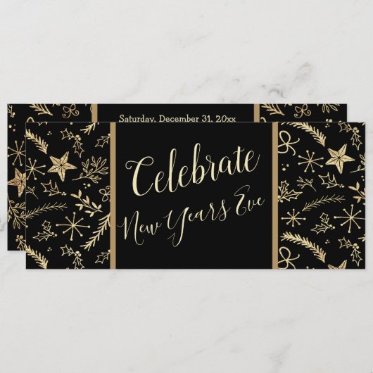 ニューイヤーイブパーティーブラック&金ゴールド 招待状 (正面/裏面)