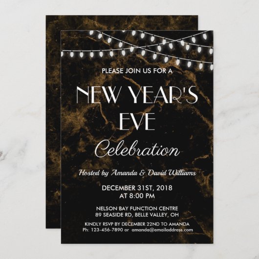 ニューイヤーイブパーティーライトブラックマーブル金ゴールド 招待状 (正面/裏面)