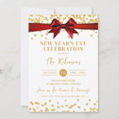 ニューイヤーイブパーティー金ゴールドグリッター紙吹雪レッドボウ 招待状 (正面)