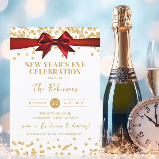 ニューイヤーイブパーティー金ゴールドグリッター紙吹雪レッドボウ 招待状