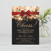 ニューイヤーイブパーティー金ゴールドスパークルライトレッドボウ 招待状 (スタンド正面)