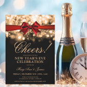 ニューイヤーイブパーティー金ゴールドスパークルライトレッドボウ 招待状