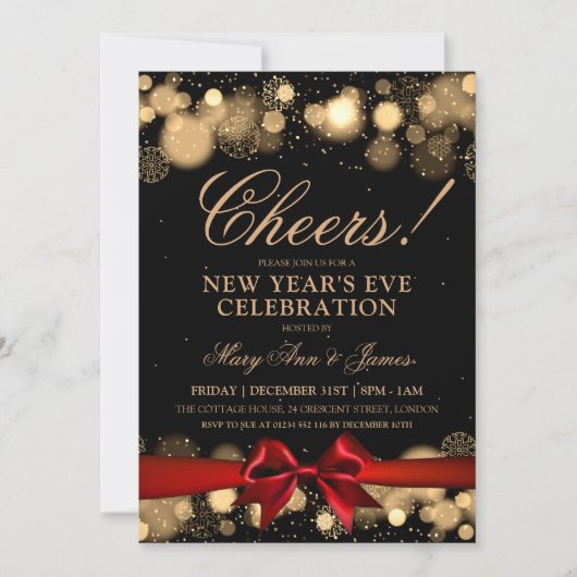 ニューイヤーイブパーティー金ゴールド疑問に思ウィンターレッドボウ 招待状 (正面)
