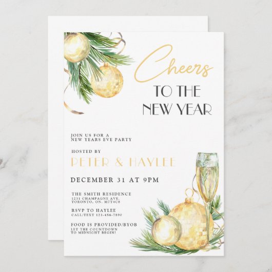 ニューイヤーイブホワイトアンド金ゴールドパーティの招待状 招待状 (正面/裏面)