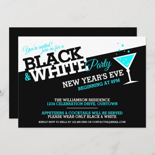 ニューイヤーイブ白黒パーティの招待状 招待状 (正面/裏面)