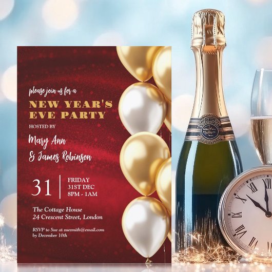 ニューイヤーイブ赤金ゴールドきらめくシークンズ風船 招待状