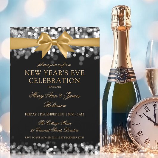 ニューイヤーイブ金ゴールドシルバーきらめくライツボウ 招待状