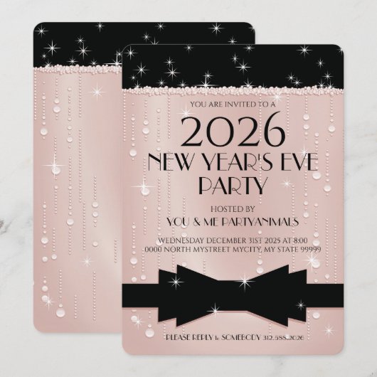 ニューイヤーズイブのピンクシャンパンバブルズ招待状 招待状 (正面/裏面)