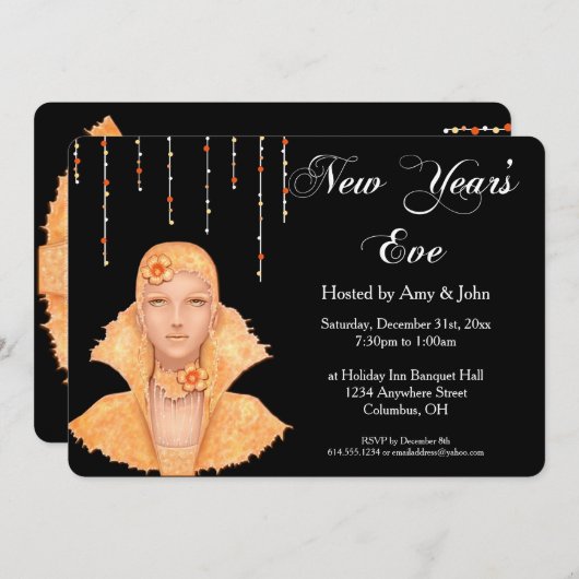 ニューイヤーズイブパーティの招待状ゴールデンレトロ女性 招待状 (正面/裏面)