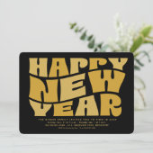 ニューイヤーズイブパーティーの楽しいトレンディなレトロな黒と金 招待状 (スタンド正面)