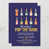 ニューイヤーズイブパーティーシャンパンボトルネイビー 招待状 (正面/裏面)