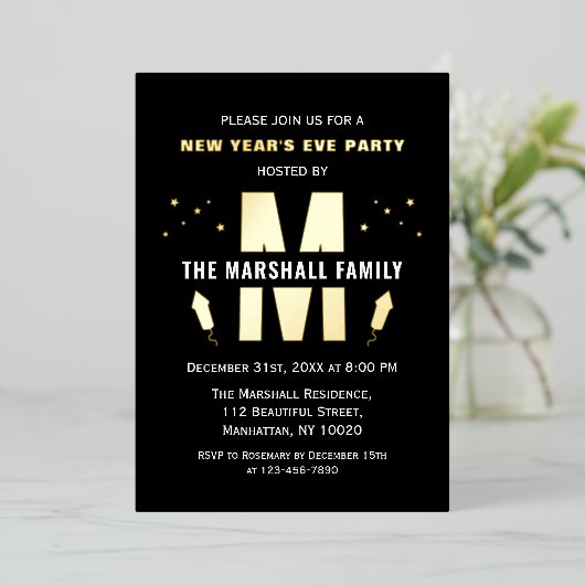 ニューイヤーズイブパーティーファミリーモノグラム 箔招待状 (立ち正面)