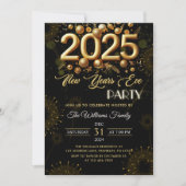 ニューイヤーズイブパーティー ゴールドグリッター オン ブラック 招待状 (正面)