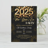 ニューイヤーズイブパーティー ゴールドグリッター オン ブラック 招待状 (スタンド正面)