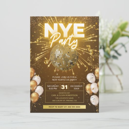 ニューイヤーズイブパーティー ゴールドディスコボールグリッター 招待状 (スタンド正面)