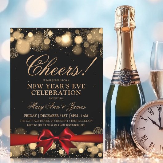 ニューイヤーズイブパーティー ゴールド ウィンター ワンダー レッド ボウ 招待状