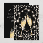 ニューイヤーズイブパーティー シャンパン ストリングライト ブラック 招待状 (正面/裏面)