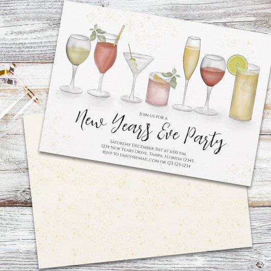 ニューイヤーズイブパーティー フェスティブ ウォーターカラー カクテル 招待状