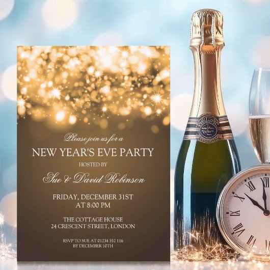 ニューイヤーズイブパーティー 輝くライト ゴールド 招待状