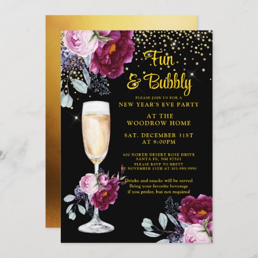 ニューイヤーズイブ金ゴールドブラックパーティの招待状 招待状 (正面/裏面)