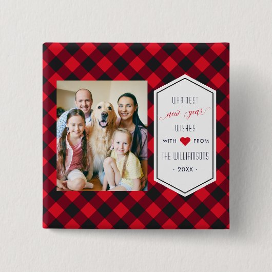 ニューイヤーズバッファロープレイドホリデーグリーティングフォト 缶バッジ (正面)