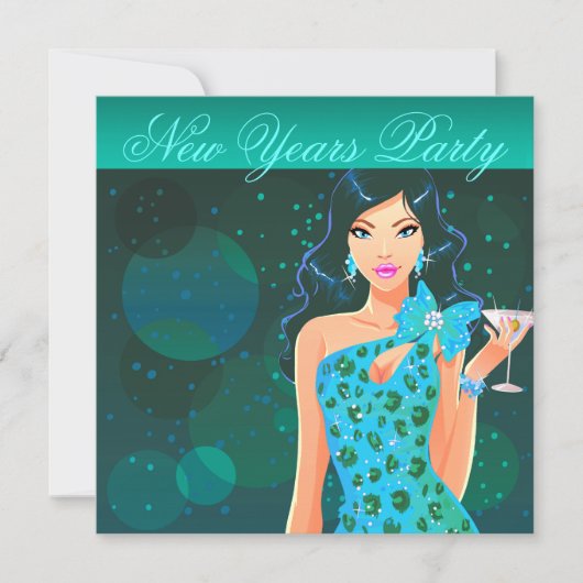 ニューイヤーズパーティークラブフライヤー ティール/アクア 招待状 (正面)