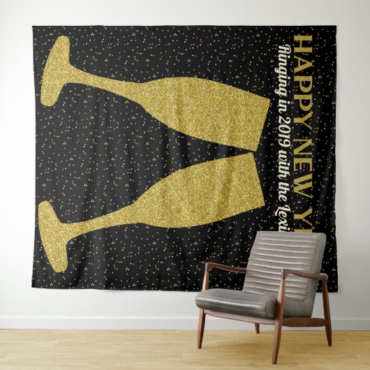 ニューイヤーズ・グリッターシャンパンフォトブース背景 タペストリー (インサイチュ(横))