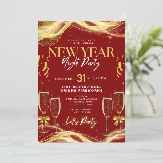 ニューイヤーテーマ金ゴールド&レッドパーティの招待状 サンキューカード (スタンド正面)