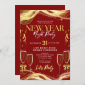 ニューイヤーテーマ金ゴールド&レッドパーティの招待状 サンキューカード (正面/裏面)