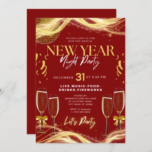 ニューイヤーテーマ金ゴールド&レッドパーティの招待状 サンキューカード (正面/裏面)