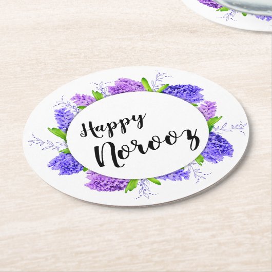 ニューイヤーハッピーノウズヒヤシンスリースパープル ラウンドペーパーコースター (アングル)