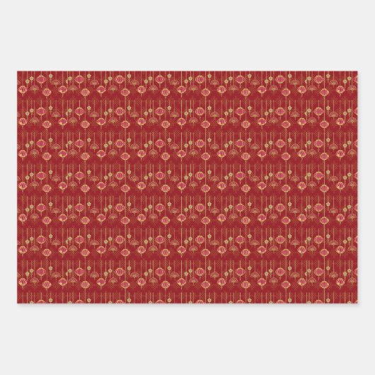 ニューイヤー中国のレッドオリエンタル金ゴールドゴールデン〔占星術の〕十二宮図 ラッピングペーパーシート (正面)