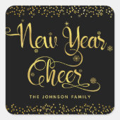 ニューイヤー応援シック金ゴールドスノーフレークスブラックカスタム スクエアシール (正面)
