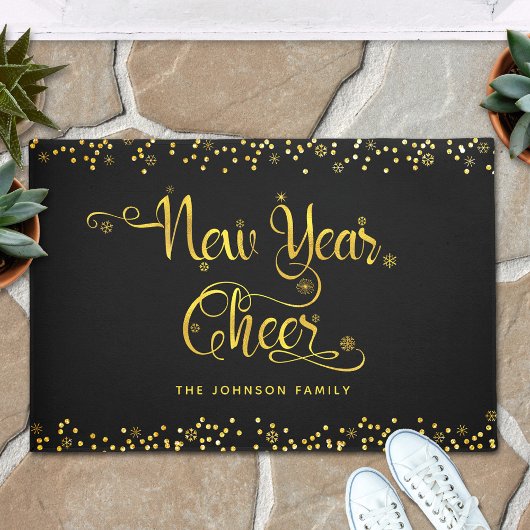 ニューイヤー応援シック金ゴールドスノーフレークスブラックカスタム ドアマット