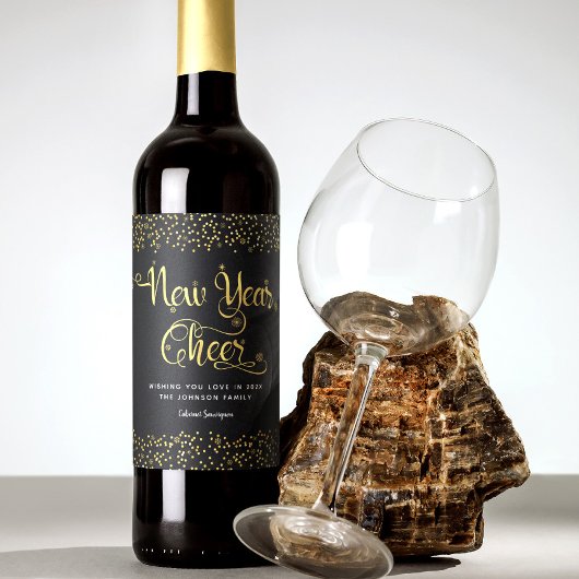 ニューイヤー応援シック金ゴールドスノーフレークスブラックカスタム ワインラベル