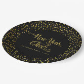 ニューイヤー応援ブラック金ゴールドスノーフレークタイポグラフィ ペーパープレート (アングル)