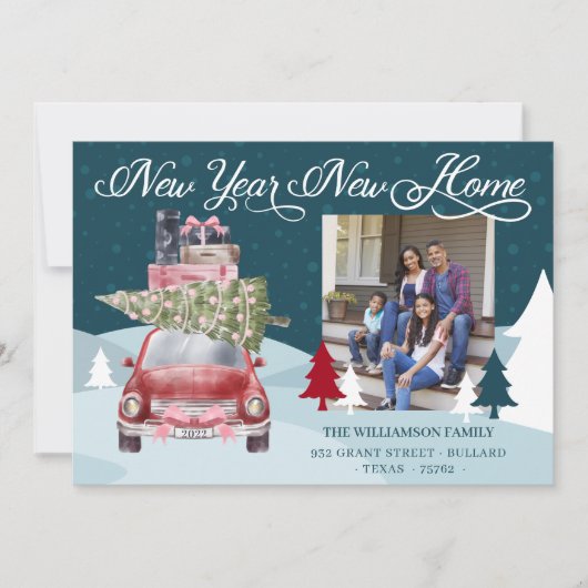 ニューイヤー新しいホームシック赤いレトロ車の移動写真 シーズンカード (正面)