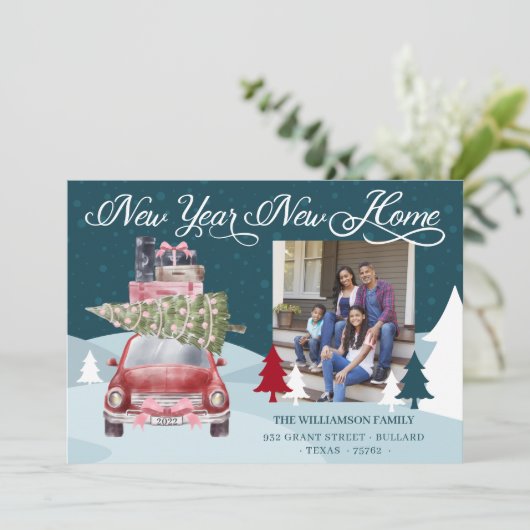 ニューイヤー新しいホームシック赤いレトロ車の移動写真 シーズンカード (スタンド正面)