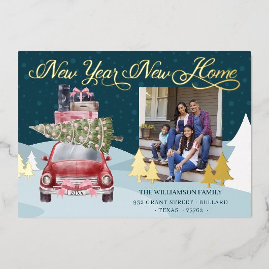 ニューイヤー新しいホームシック赤いレトロ車の移動写真 箔シーズンカード (正面)