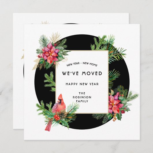 ニューイヤー新ホーム（鳥）ショウジョウコウカンチョウバードアンドポインセチア シーズンカード (正面/裏面)