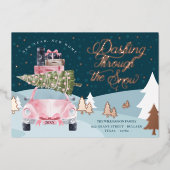 ニューイヤー新築住宅雪ピンクレトロ水彩 箔シーズンカード (正面)