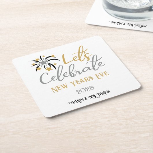 ニューイヤー祝エバー・ブラック・金ゴールド・シルバー スクエアペーパーコースター (アングル)