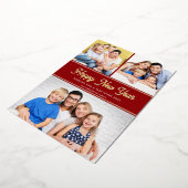 ニューイヤー3枚の写真が載った赤と金のホリデーカード 箔シーズンカード (回転した状態)