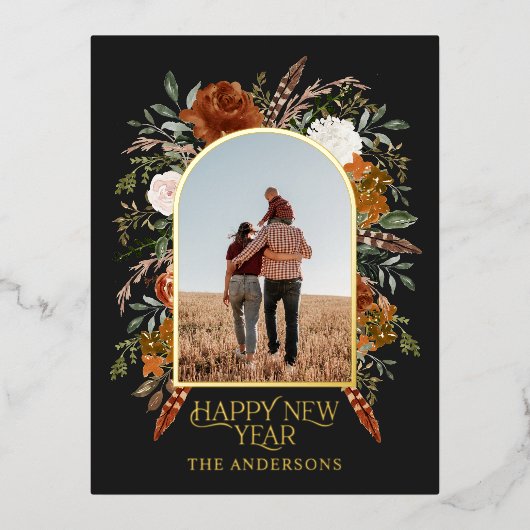 ニューイヤー 予算 ボタニカル エレガント ブラック トラディショナル 箔シーズンポストカード (正面)