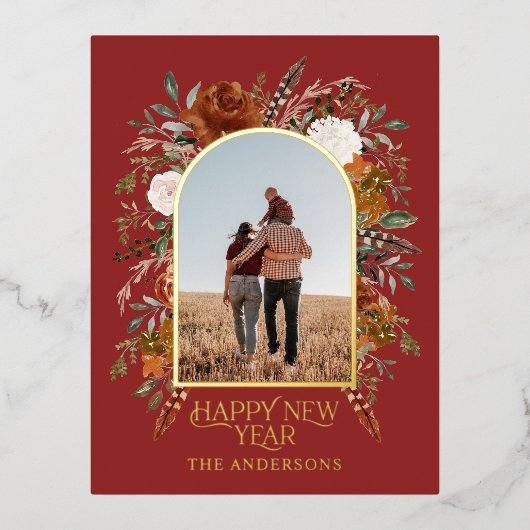 ニューイヤー 予算 ボタニカル エレガント 赤 伝統的 箔シーズンポストカード (正面)