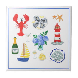 ニューイングランドのシーフードをテーマにした手絵を描形 タイル
