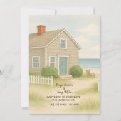 ニューイングランドのソフトブルー沿岸の行先結婚式 招待状 (正面)