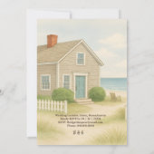 ニューイングランドのソフトブルー沿岸の行先結婚式 招待状 (裏面)